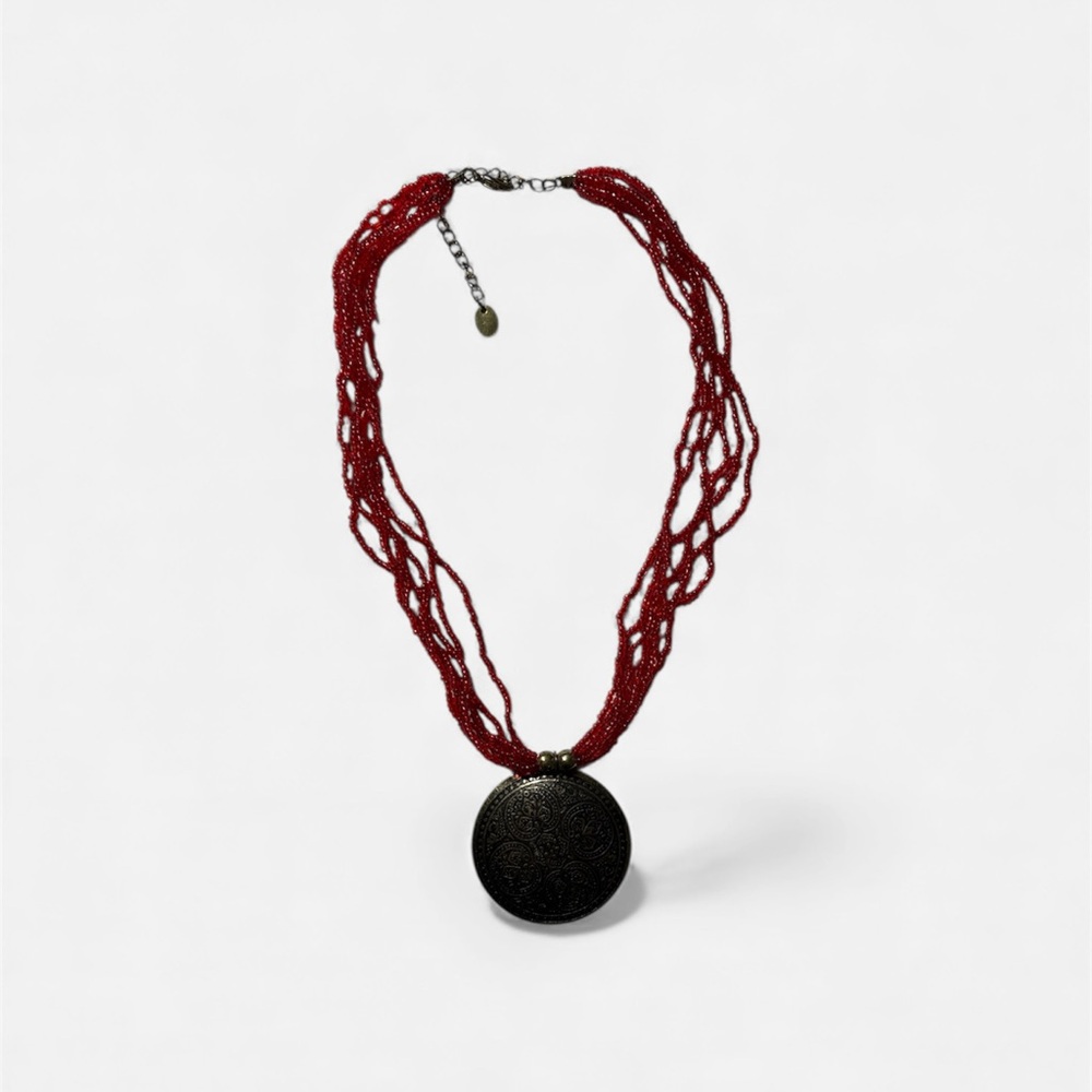 Elegant Red Beaded Necklace with Black Pendant